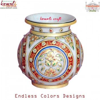 Floral Decorative Marble Kalash - Handpainted & Studded