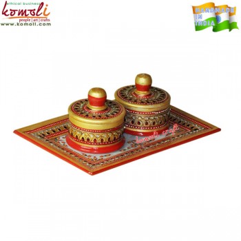 Marble Tray & Dry Fruit Container with Embossed and Kundan work Wedding Gift Favors