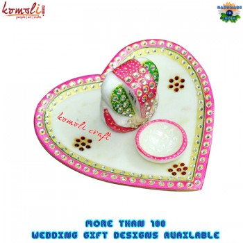 Heart Shape Pink Puja Thali With Ganesha and Deepak - Marble Kundanworking