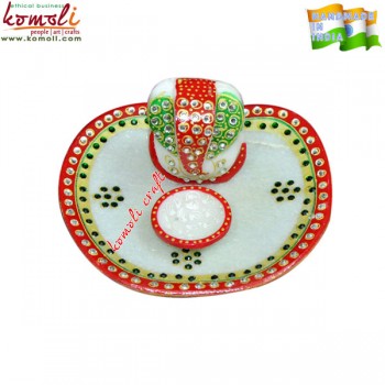 Apple Shape Marble Puja Thali in Pink Color With Ganesha and Deepak