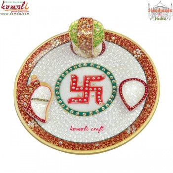 Marble Swastik Puja Thali in Green Color with Ganesha Diwali Gifts