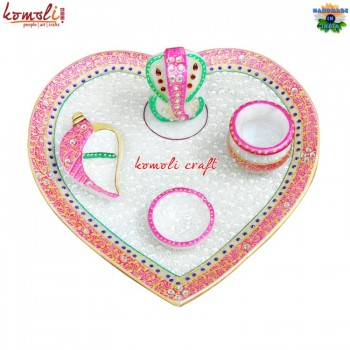 Heart Shape Puja Thali with Ganesha, Kumkum Holder and Deepak - Marble Artifact