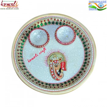 Marble Puja Thali with Hand Painted Ganesha with Containers for Roli - Kumkum - Chawal