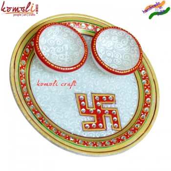 Swastik Design Puja Thali with Two Containers - Simple Kundanworking Design Wedding Gifts and Decoration