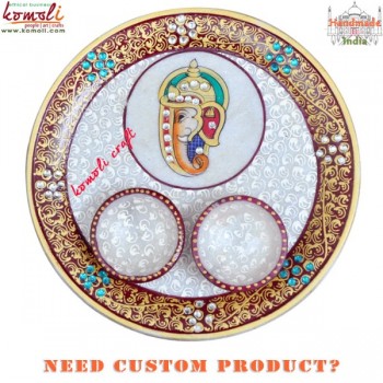 Ganesha Painted Elegant Puja Thali - Marble and Kundanwork Puja Thali Religious Gift