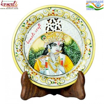 Miniature Painting of Krishna on Marble Plate with Jaali Work