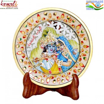 Indian Miniature Painting of Radha Krishna on Marble Plate with Jaali Work