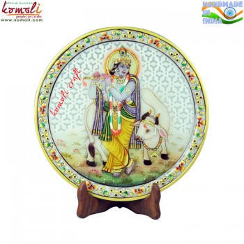 Miniature Painting of Krishna on Jaali Work Marble Plate (Large) on Wooden Stand