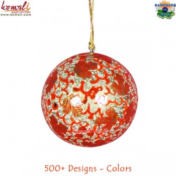 Red Chinar Leaf Design Christmas Holiday Decoration Hanging Paper Mache Ball Bauble
