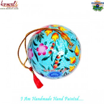 Flora Fountain - Blue Floral - X-Mas Ball Holiday Decorative Hanging - Hand Painted Paper Mache Art