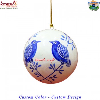 Twin Blue Birds On White Paper Mache Ball Bauble Hand Painted Christmas Ornament