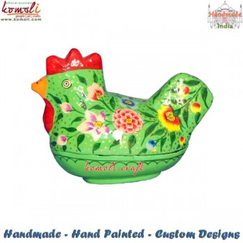 Rooster Shape Animal Theme - Paper Mache Hand Painted Trinket Box Green Color