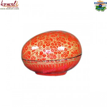 Red Artificial Easter Egg Shaped Box with Mesh Design of Kashmiri Painting - Hand Painted