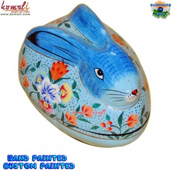 Soothing Sky Blue Rabbit Shaped Paper Mache Hand Painted Custom Designed Keepsake Box