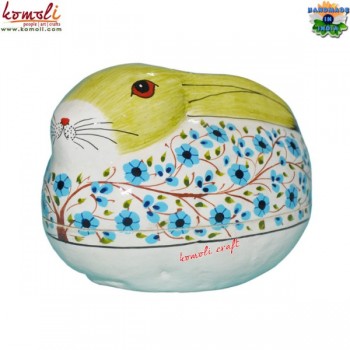 Bunny Rabbit Keepsake Box - Green Animal Shape Hand Painted Paper Mache Box