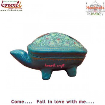 Turtle Shaped Hand Painted Paper Mache Box - Sky Blue Motif - Custom Motifs Available