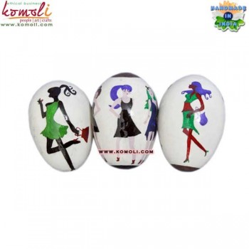 Fashion and Shopping Girls - Hand Painted White Wooden Decorative Easter Egg