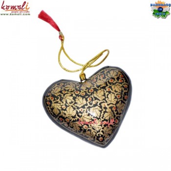 Golden Chinar Leaf Design Holiday Decoration - Paper Mache Heart Shape Christmas Ornament Tree Hanging