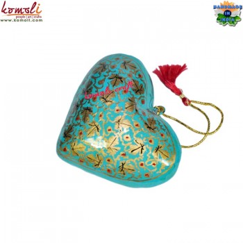 Golden Chinar Leaf Design on Green Floral Pattern - Holiday Decoration Puffy Heart Hanging Ornament