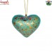 Golden Chinar Leaf Design on Green Floral Pattern - Holiday Decoration Puffy Heart Hanging Ornament