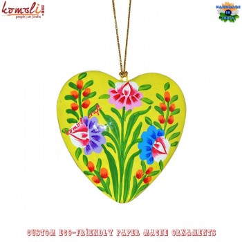 Viabrant Floral Yellow Handmade Papermache Solid Heart Hand Painted Christmas Tree Decoration Wall Accent Ornament