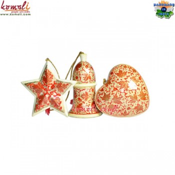 Red Chinar Leaf Design X-mas Decoration Heart Bell and Star - Hand Painted Holiday Decor