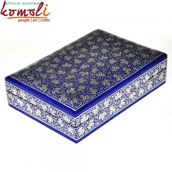 Shades of Blue Floral Rectangular Hand Painted Wooden Upcycled Keepsake Large Trinket Storage Box