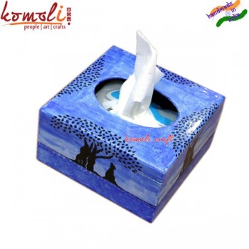 Blue Ocean Tree Large Tissue Holder - Hand Painted Wooden Decorative Tissue Box