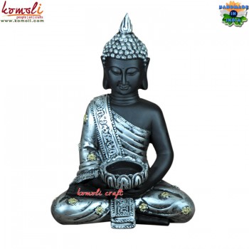 Meditating Buddha Silver Adorns With Tea Lite Holder - 11 Inches Poly Resin Buddha Statue