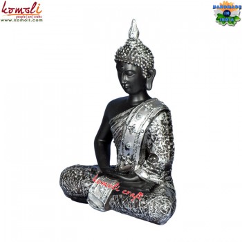 Meditating Buddha Silver Adorns With Crown - (11 Inches) Poly Resin Buddha Statue Home Decoration