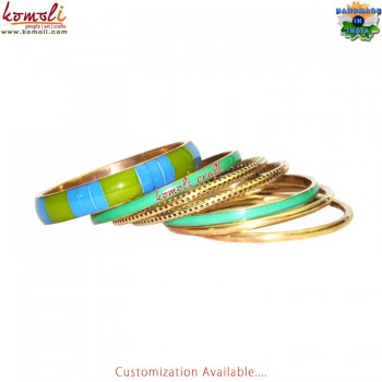 Green Chips - Set of 7 Brass and Resin Bangles Bracelets Handmade Jewellery