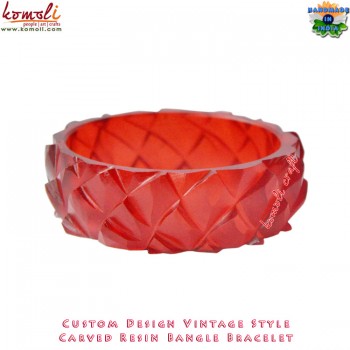 Red Abstract Brick Cut Handmade Carved Resin Bangle Vintage Design Look A Like