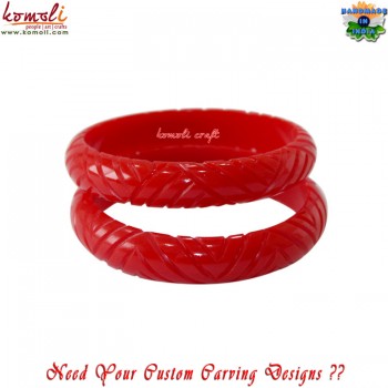 Red V Cut Opposite Symmetry Carved Resin Bangle Bracelet Fakelite Design