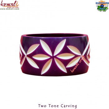 Two Tone Purple White Flower Carving Wide Resin Carved Bangle Bracelet