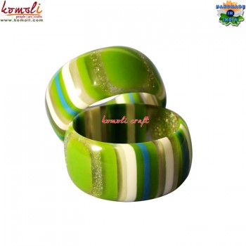 Combination of Green and Glitter Stripes - Wide Handmade Resin Bangle Bracelet 