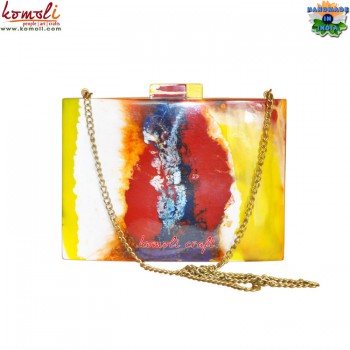 Yellow Marbled Colored Layered Vintage Style Resin Clutch Purse Hand Bag