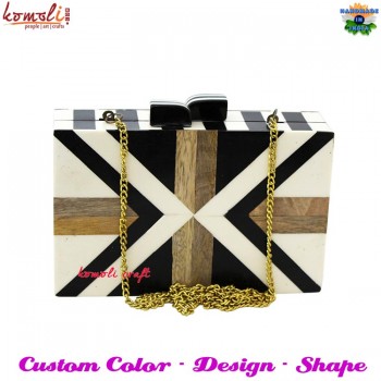 Style Black & White Mango Wood & Resin Combination Hard Box Clutch, Purse, Evening Bag