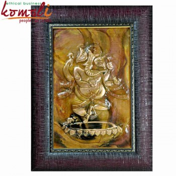 Dancing Pose of Ganesha On Copper Sheet - Copper Repousse