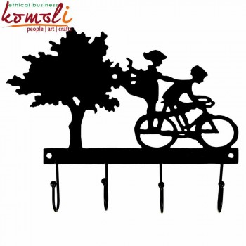 Kids and Bicycle - Iron Sheet Etched Key Hanger Wall Hook Coat Hanger