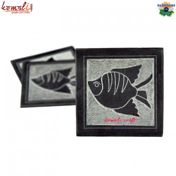 Slate Stone Coaster with Fish Motif Hand Carved on Slate - Custom Made Designs