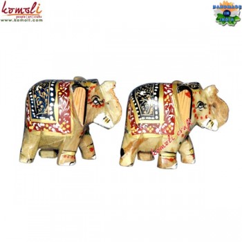 Hand Painted Carved Soap Stone Elephants Pair - Red - Small