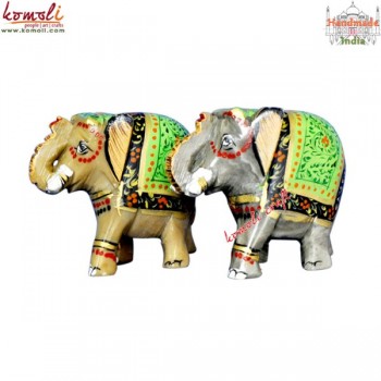 Hand Painted Hand Carved Stone Elephants Pair - Green