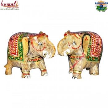 Hand Carved Hand Painted Soap Stone Elephants Pair - Red