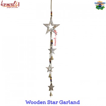 Silver Foil Painting Wooden Star Garland Wall Accent Hanging With Cone Triangular Bells And Colorful Glass Beads