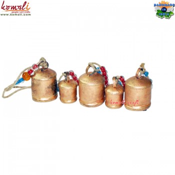 Organic Jute Hemp Rope String of Rusting Cow Bells with Colorful Glass Beads - Set of 5 Cow Bells