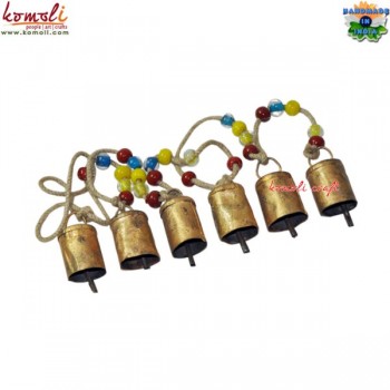 Tiny Cow Bell String With Colorful Glass Beads - Single Organic Rope String with 6 Cowbells