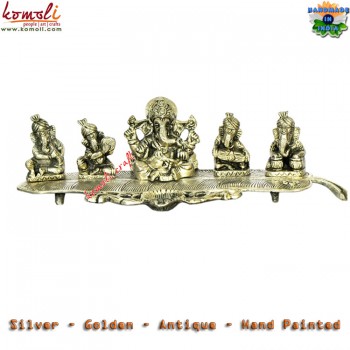 Silvertone Musical Ganesha on Banana Leaf - Depiction of Ganesha with Various Musical Instruments