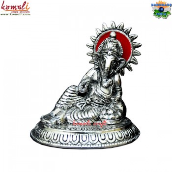 Resting Shiny Silver Ganesha Small White Metal Handicraft For Gifting