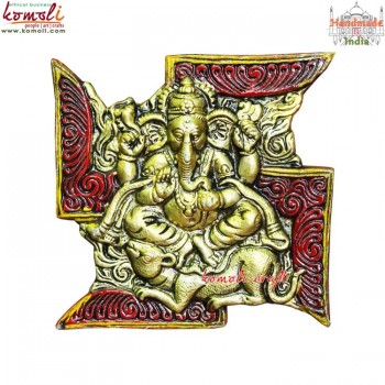 White Metal Swastik Ganesha - Vibrant Red Golden Mural