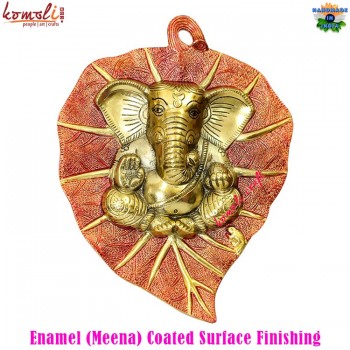 Lambodar Ganesha Bright Red Golden Shiny Enameled Wall Mural 12 inch